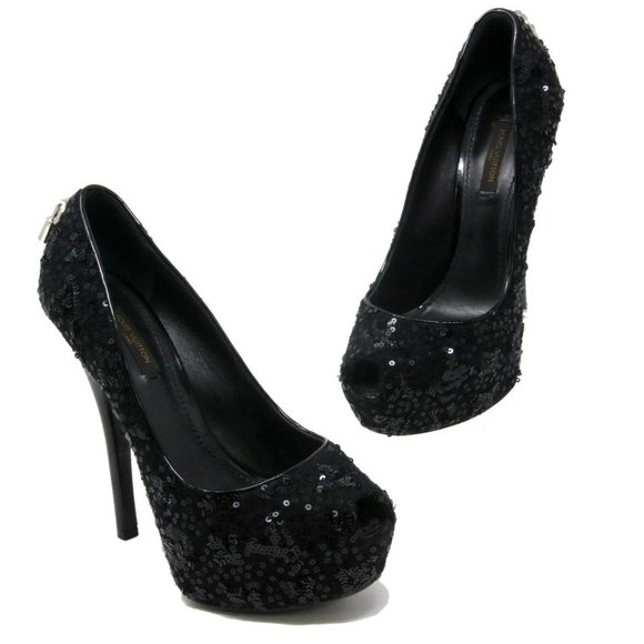 Louis Vuitton Hidden Platform Peep Toe 37 Chrome Lv Sequin Pumps LV-0501N-0124 - Picture 1 of 9
